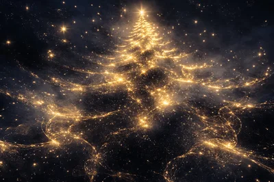 Abstract Golden Christmas Tree Formed By Glowing Stardust