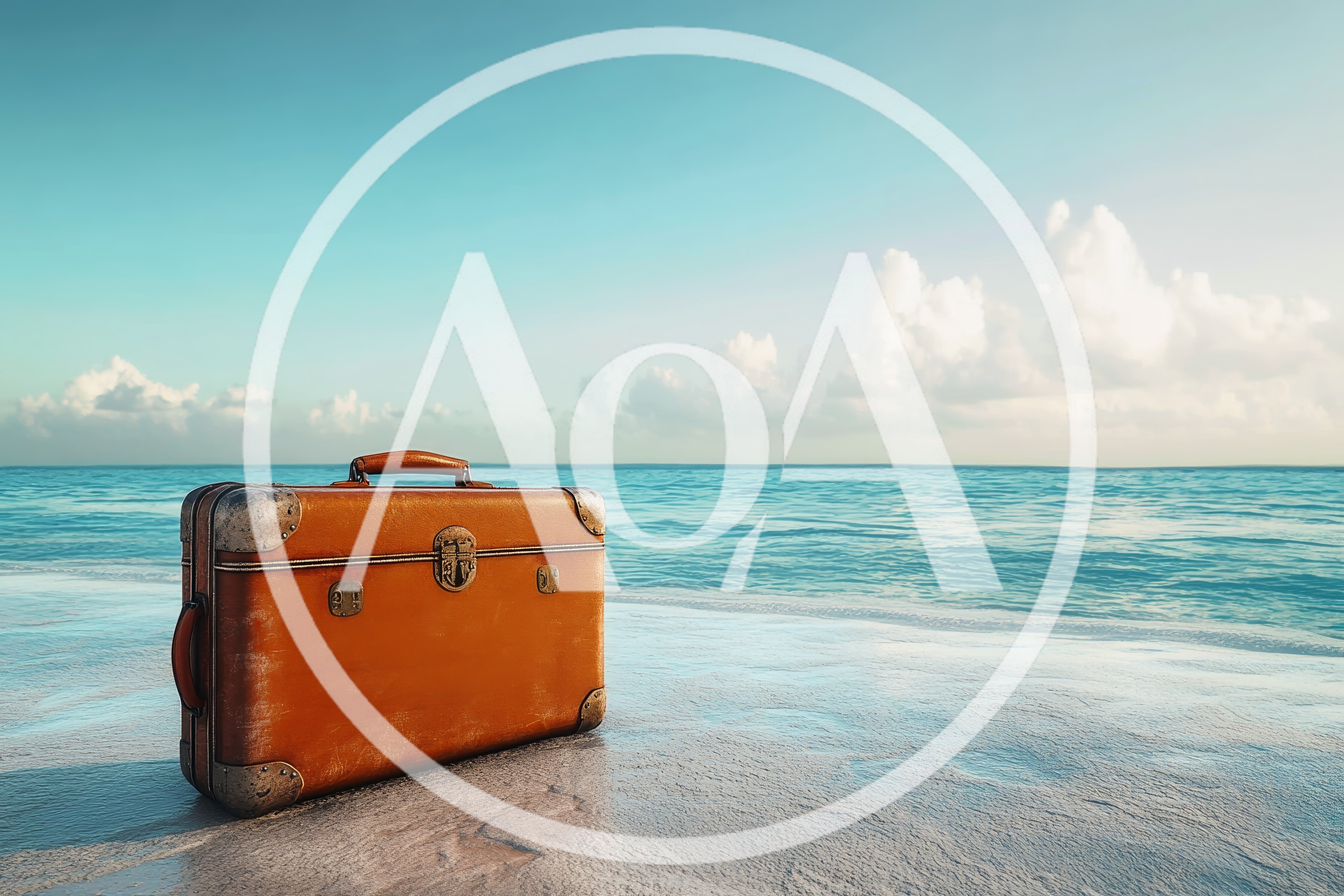 Vintage Leather Suitcase Resting On A Tropical Beach