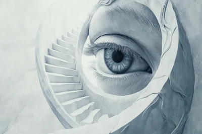Surreal Giant Eye Framed By A Spiral Staircase