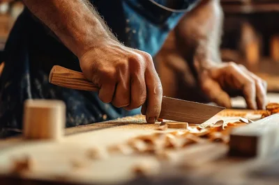 Close Up Of A Woodworker Carving A Wooden Plank