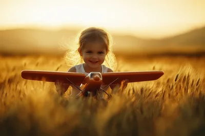 Little Girl Playing With Toy Airplane In Wheat Field