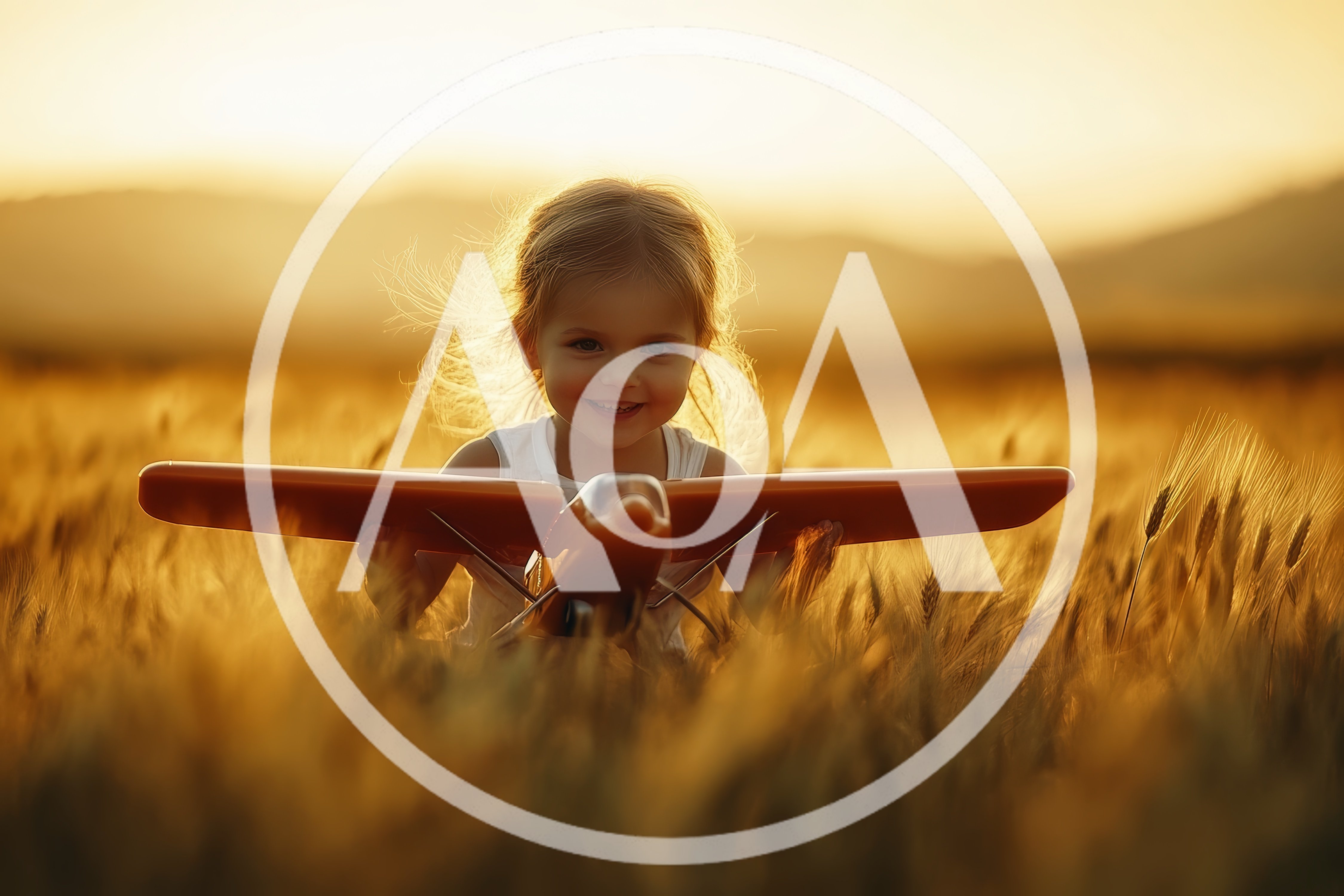 Little Girl Playing With Toy Airplane In Wheat Field