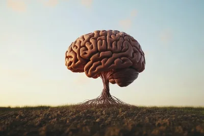 Surreal Brain Tree Growing From Dry Earth
