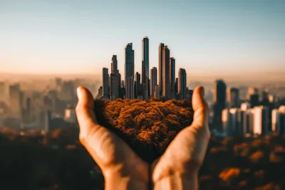 Hands Holding A Miniature Cityscape With Autumn Trees