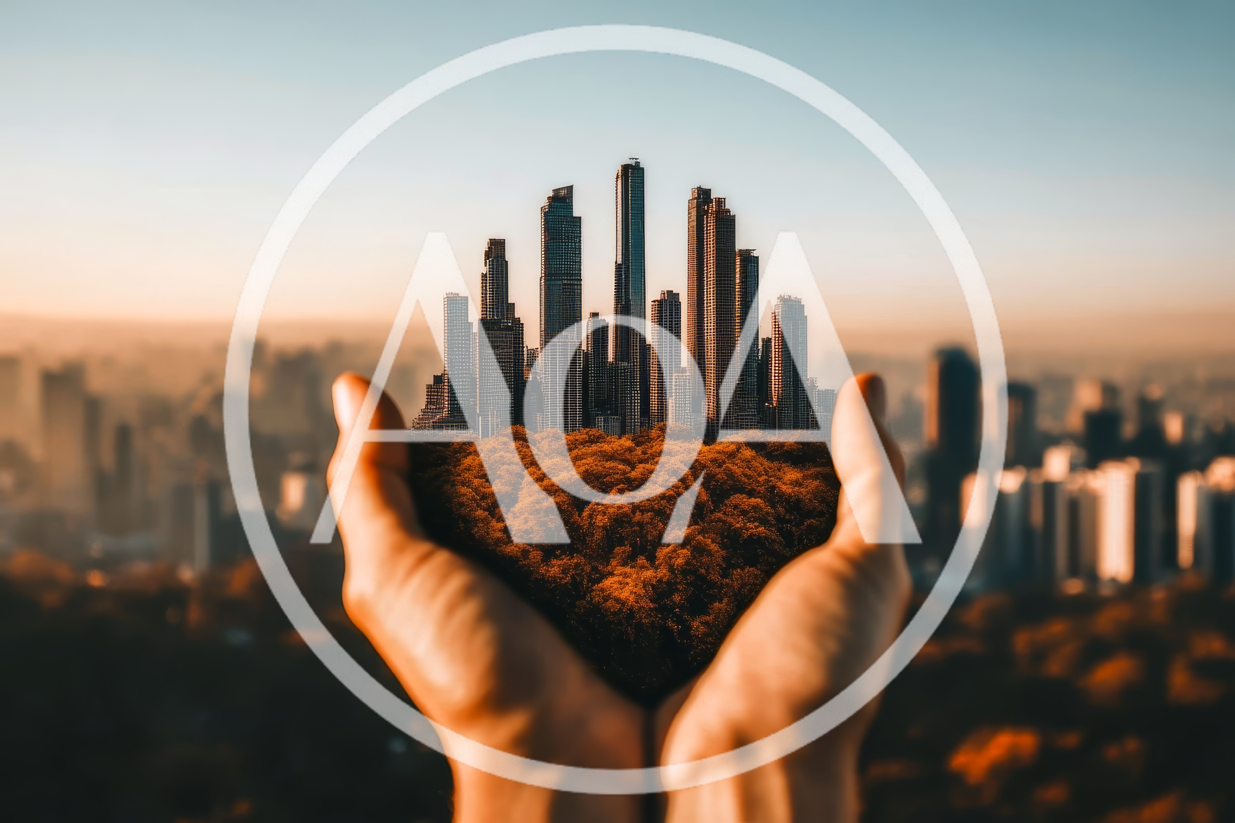 Hands Holding A Miniature Cityscape With Autumn Trees