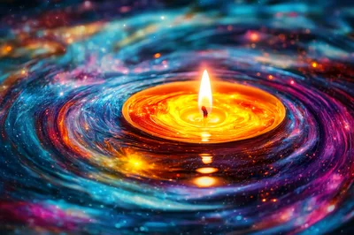 Glowing Candle Floating In A Cosmic Nebula Swirl