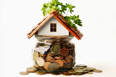 Miniature House Model Sitting On A Glass Jar Of Coins
