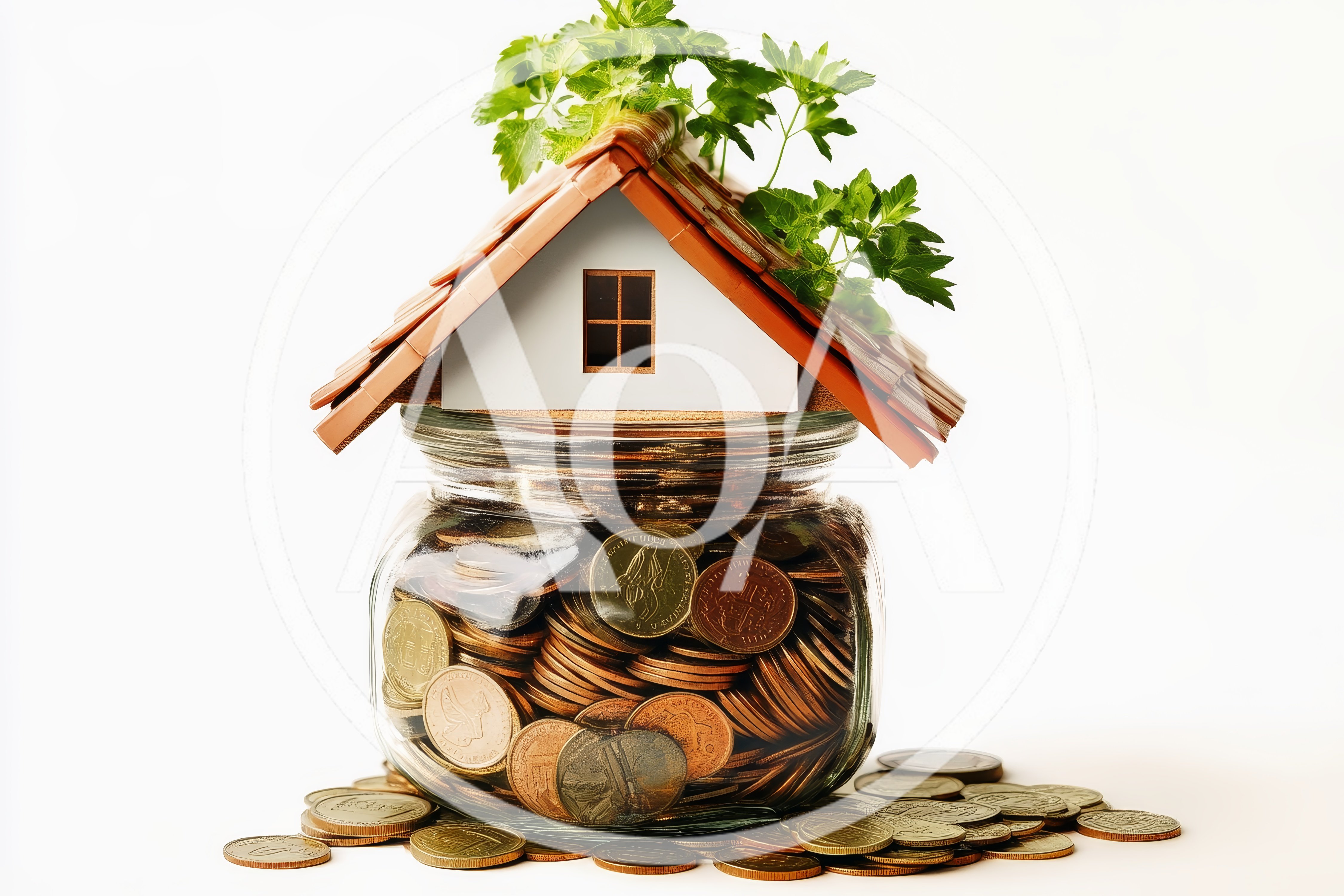 Miniature House Model Sitting On A Glass Jar Of Coins