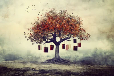 Surreal Tree With Hanging Books In Misty Landscape