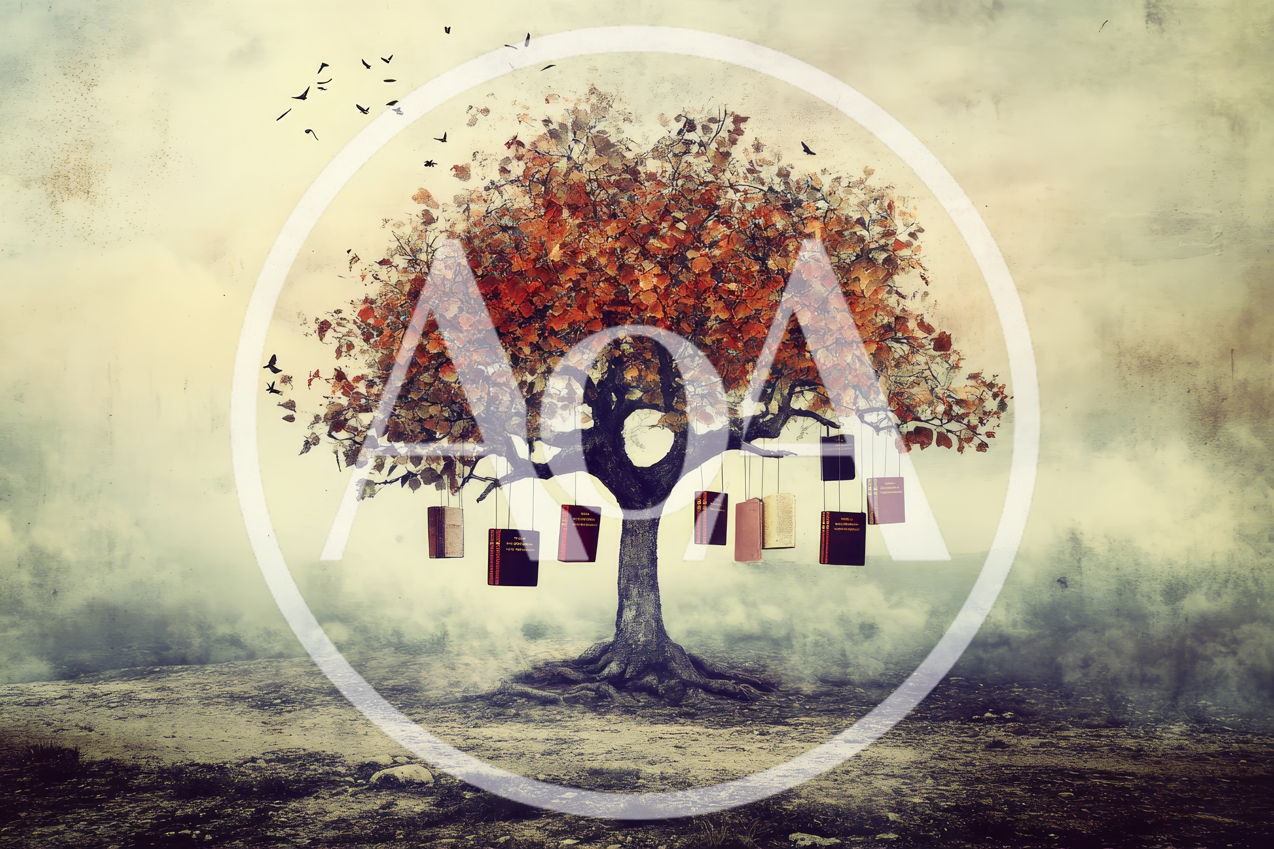 Surreal Tree With Hanging Books In Misty Landscape