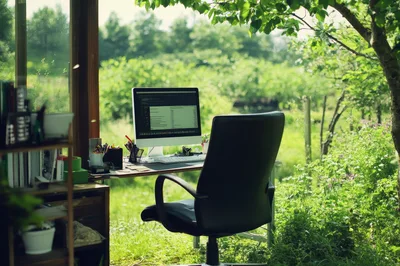 Modern Computer Desk Setup In A Lush Garden