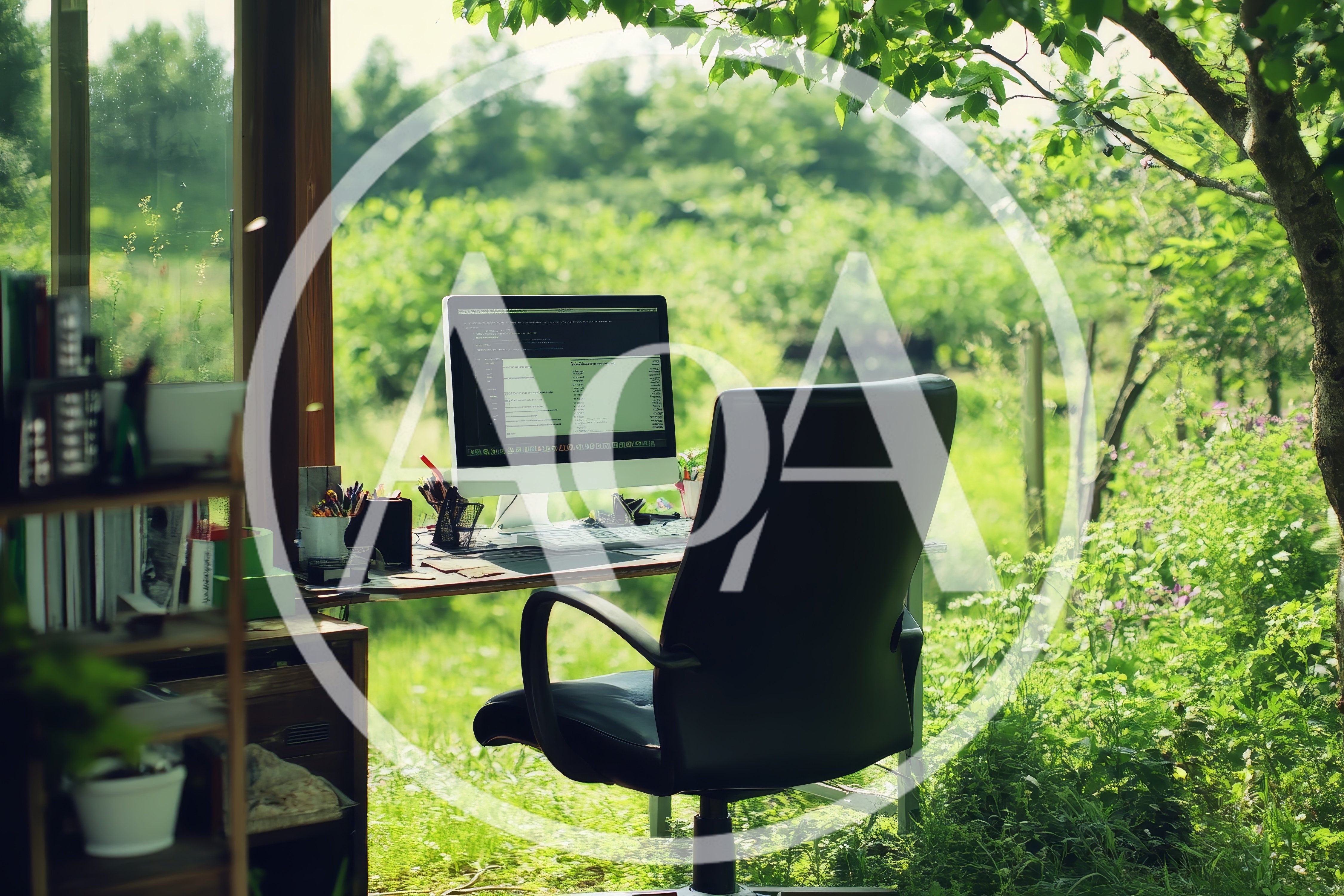 Modern Computer Desk Setup In A Lush Garden