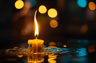 Single Burning Candle Floating On Dark Water Surface
