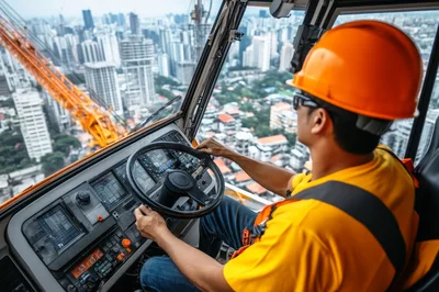 Crane Operator Controlling Machinery High Above City Skyline