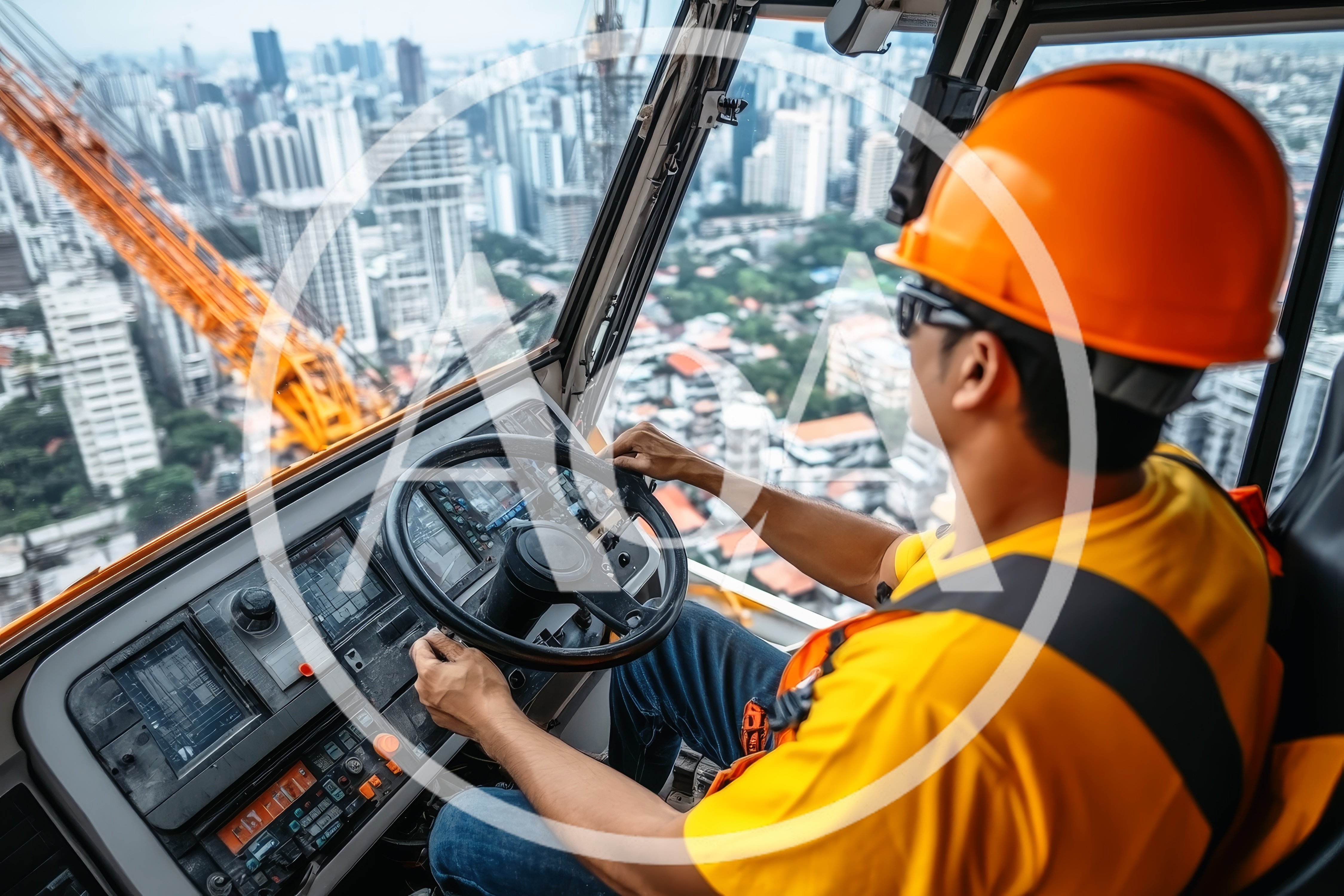 Crane Operator Controlling Machinery High Above City Skyline