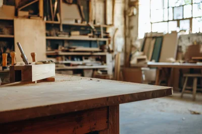 Wooden Hand Plane on a Dusty Workbench in a Workshop