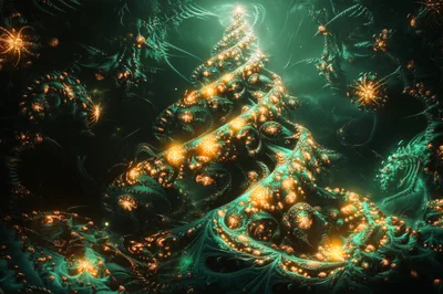 Abstract Fractal Christmas Tree With Glowing Golden Lights
