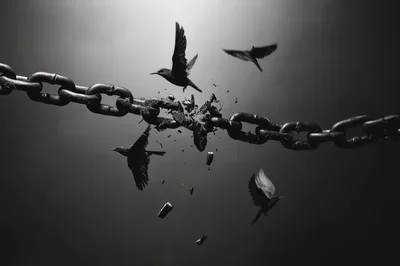 Broken Metal Chain Links With Flying Birds