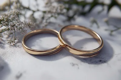 Two Gold Wedding Rings On A Textured Surface