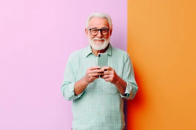 Senior Man Using Smartphone Against Split Color Background