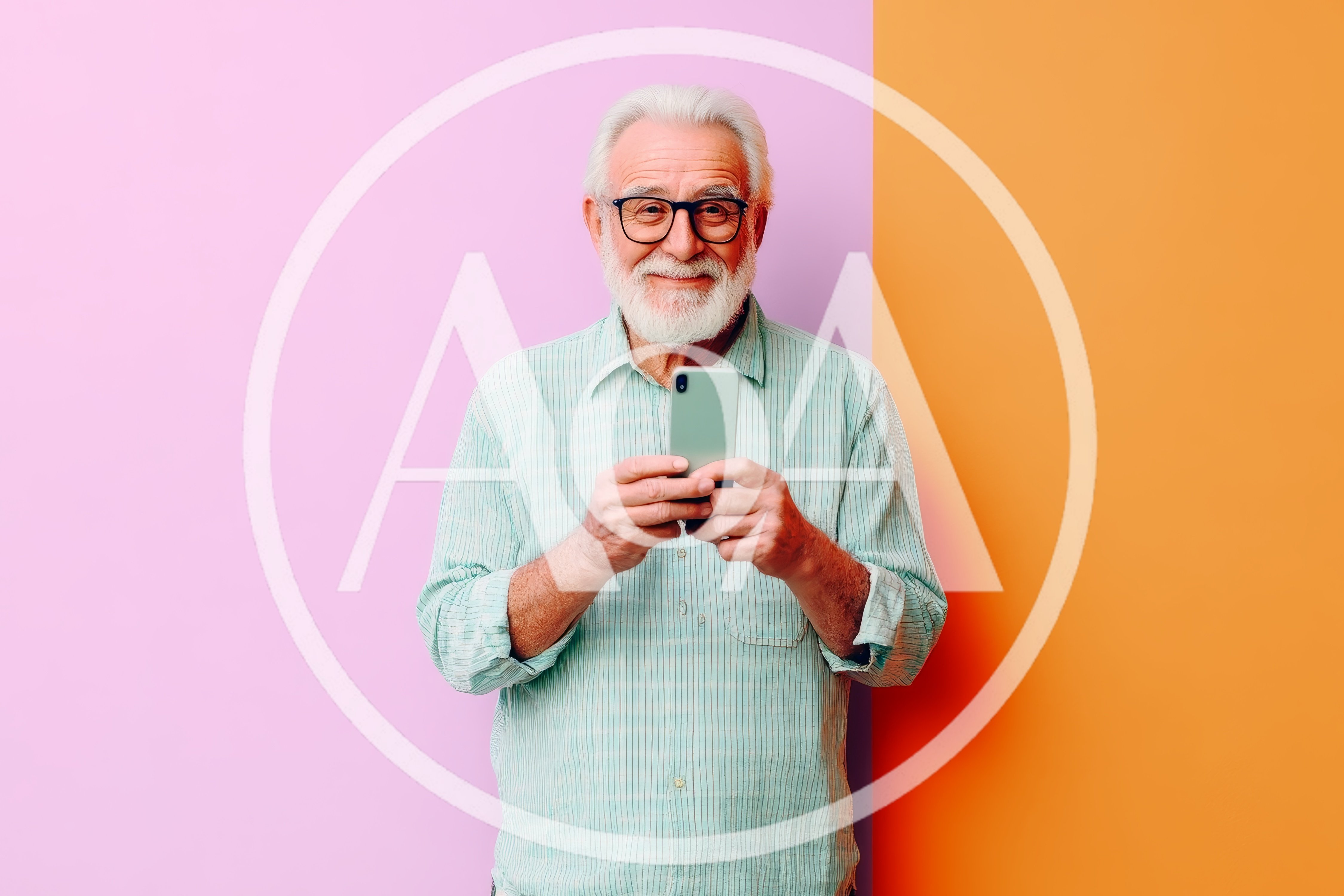 Senior Man Using Smartphone Against Split Color Background