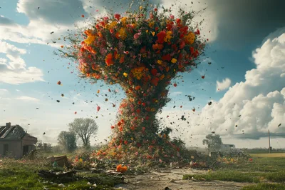 Surreal Floral Tornado Explosion In A Rural Landscape