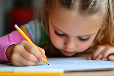 Young Girl Concentrating While Writing In A Notebook