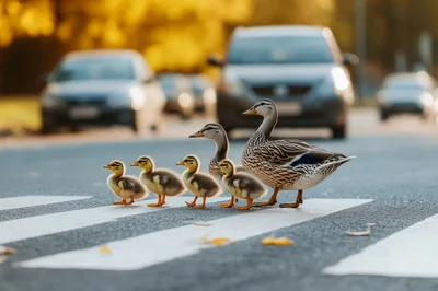 Mother Duck And Ducklings Crossing The Street