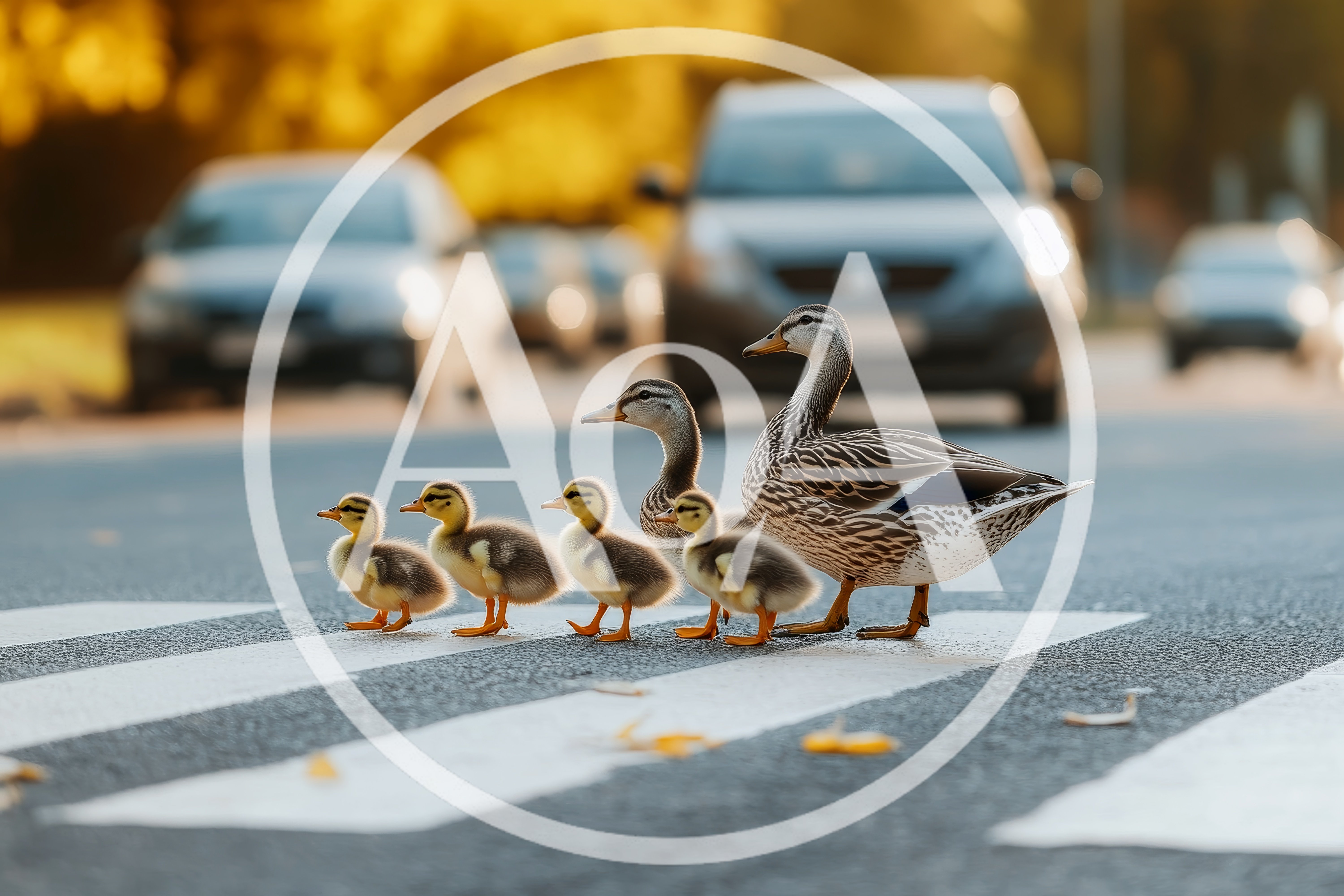 Mother Duck And Ducklings Crossing The Street