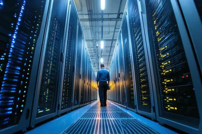IT Technician Walking Through A Modern Data Center