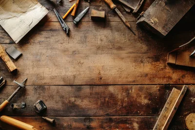 Top View Of Vintage Woodworking Tools On Workbench