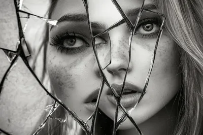 Portrait Of A Woman Behind Shattered Mirror Glass