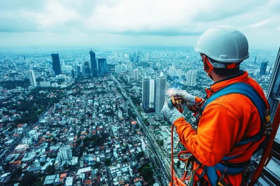 Construction Worker Welding High Above A Dense City Skyline