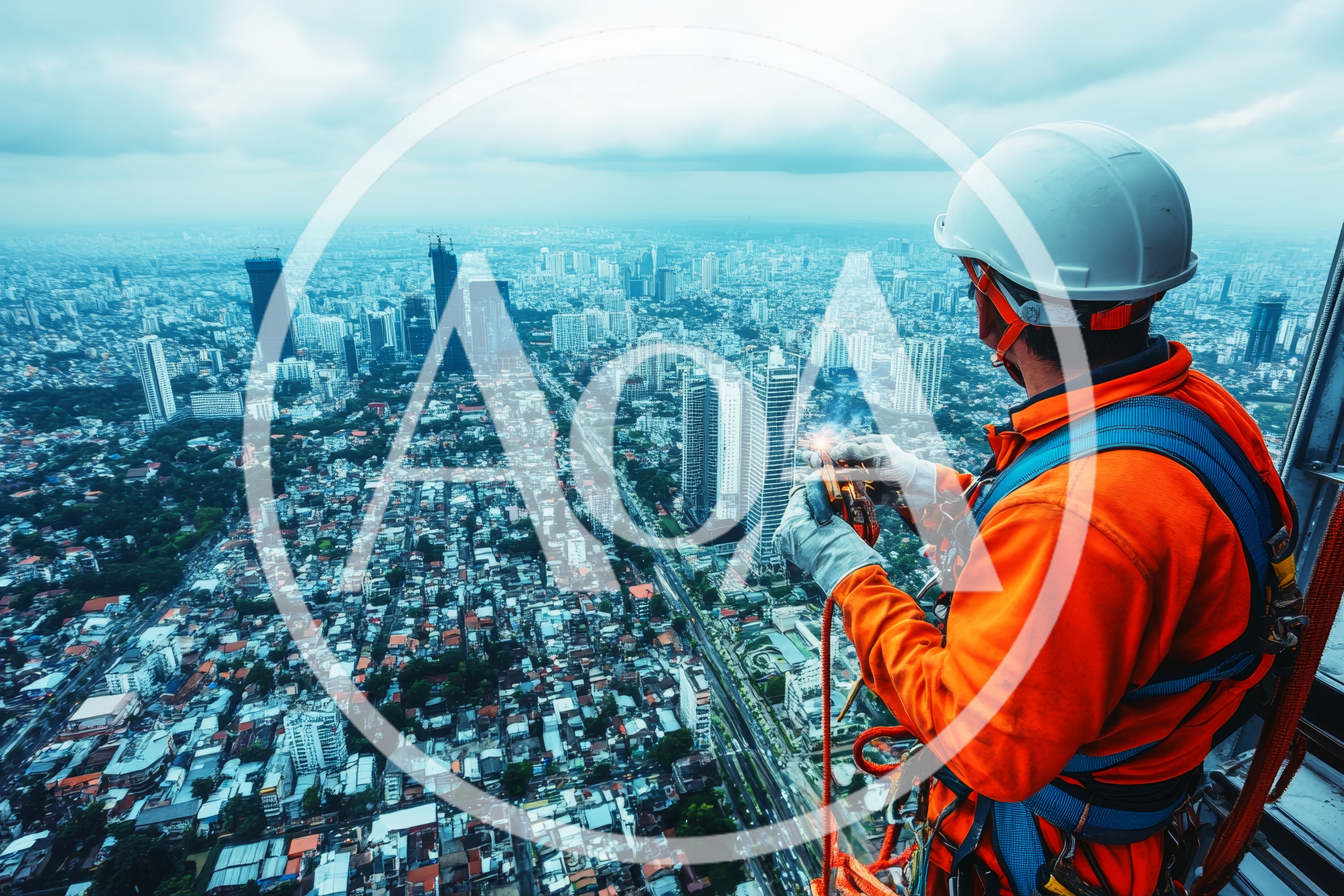 Construction Worker Welding High Above A Dense City Skyline
