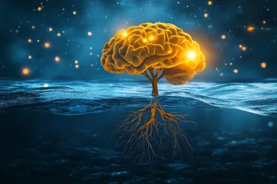 Glowing Brain Tree Rooted In Deep Underwater Environment