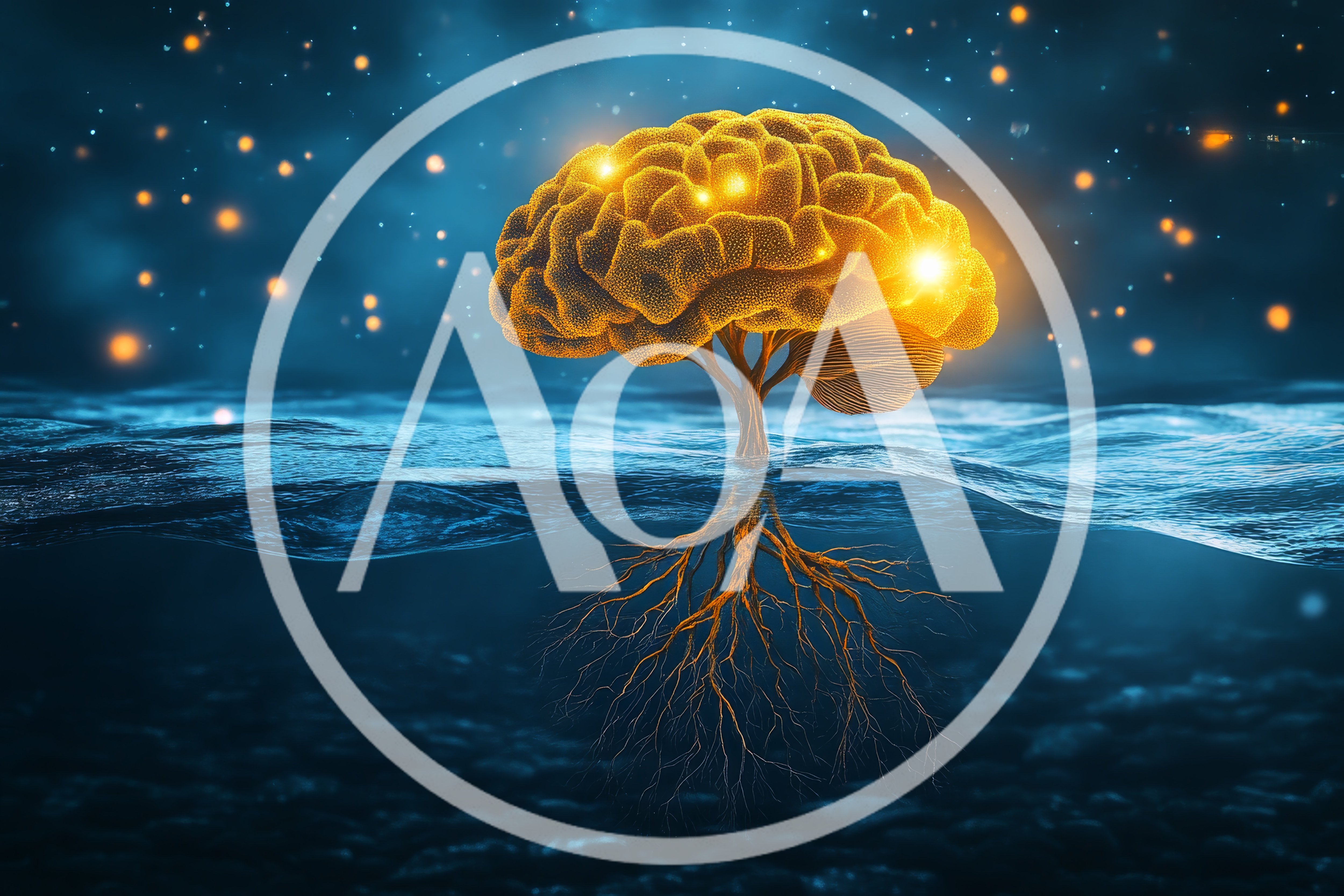 Glowing Brain Tree Rooted In Deep Underwater Environment
