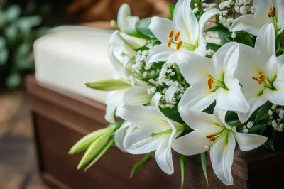 White Lily Funeral Arrangement on Wooden Casket