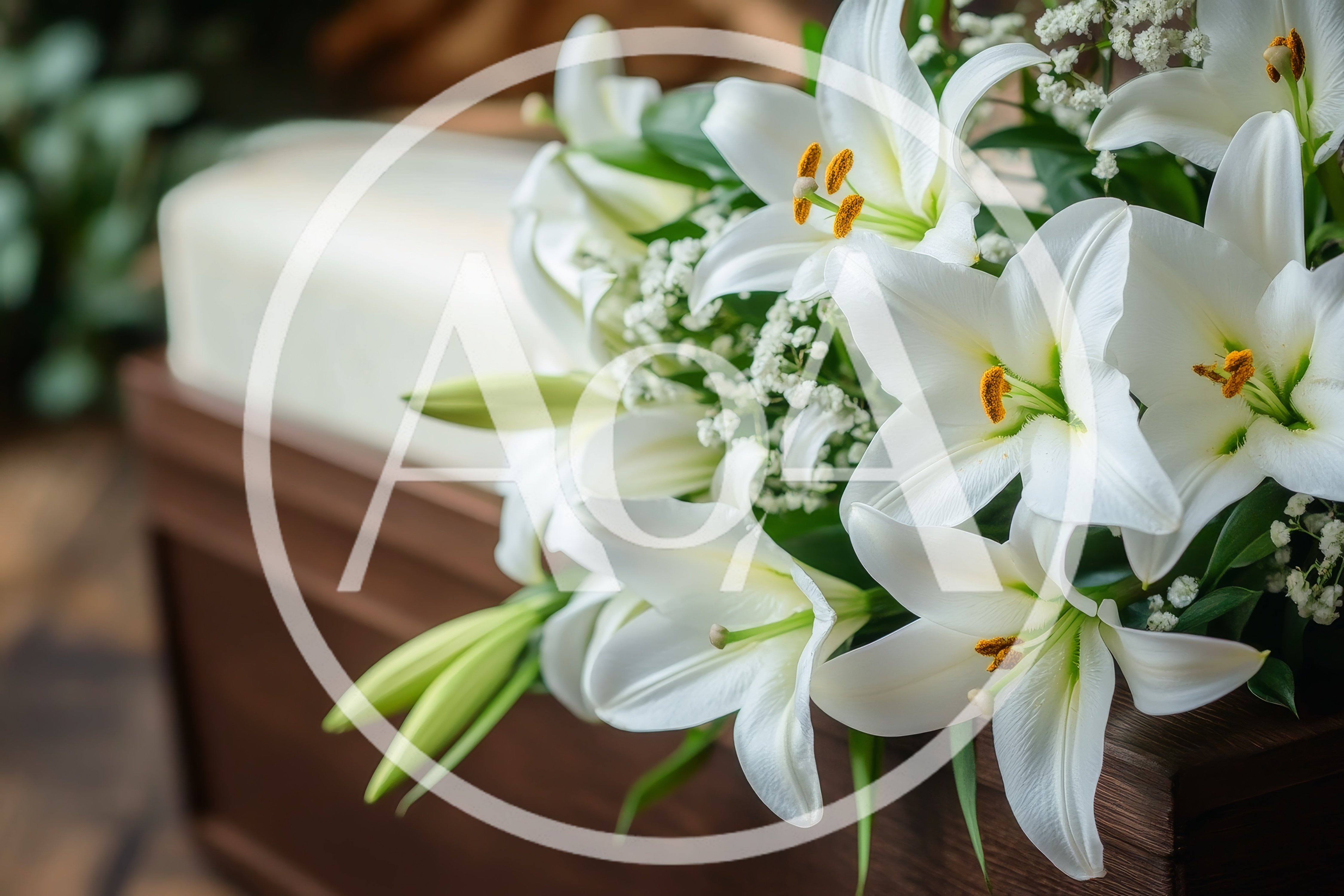 White Lily Funeral Arrangement on Wooden Casket