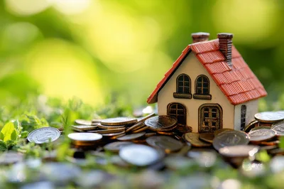Miniature House Model Resting On A Pile Of Coins