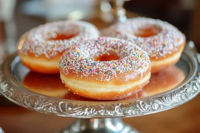 Three Glazed Donuts With Sprinkles On A Silver Platter