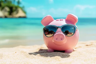 Pink Piggy Bank Wearing Sunglasses On Tropical Beach