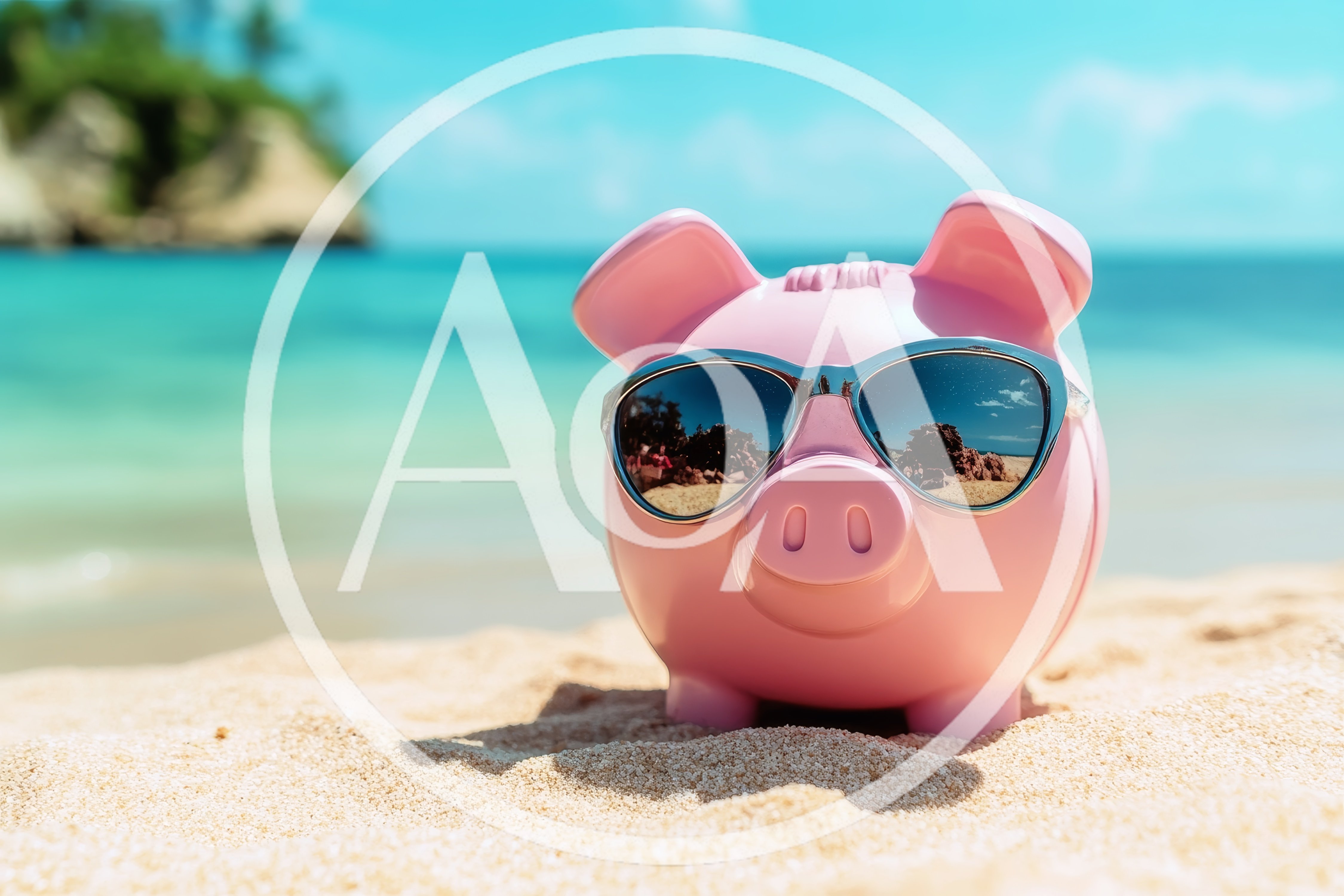 Pink Piggy Bank Wearing Sunglasses On Tropical Beach