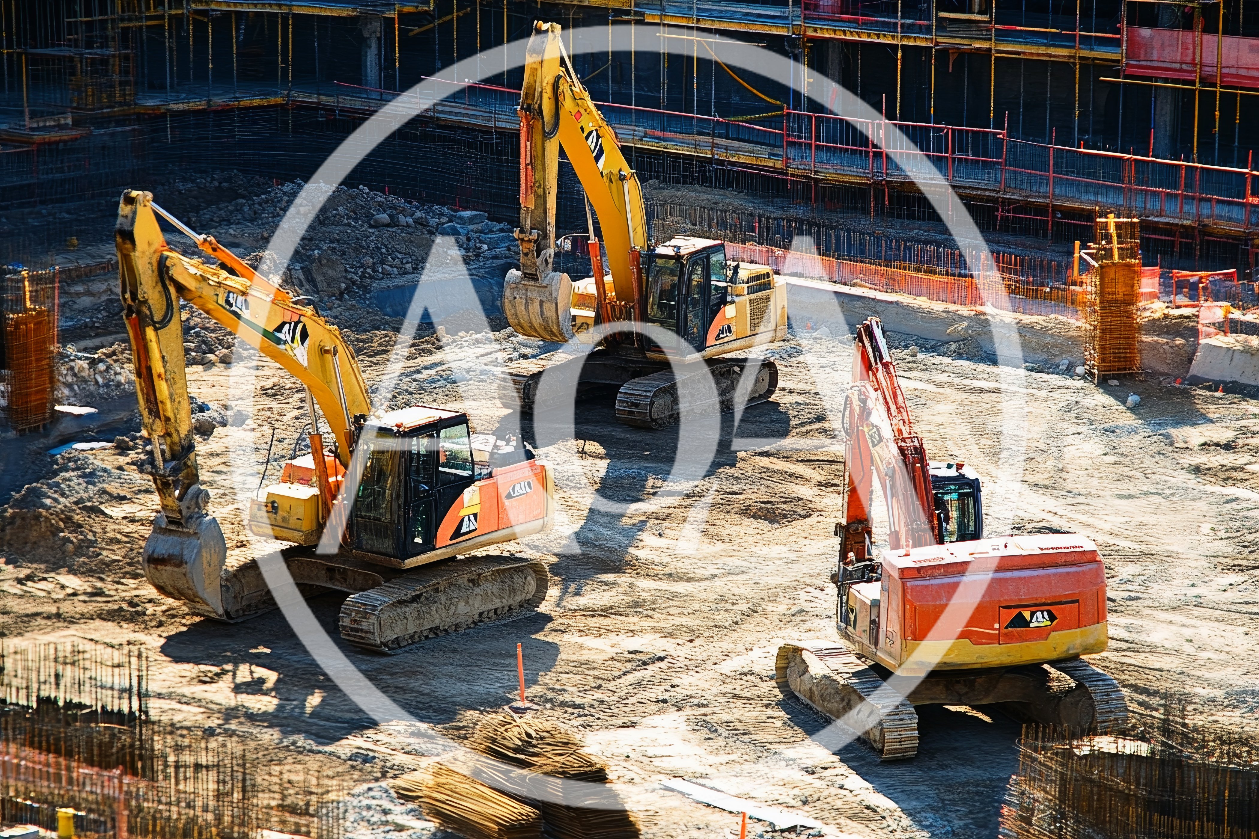Three Excavators Working at a Large Construction Site