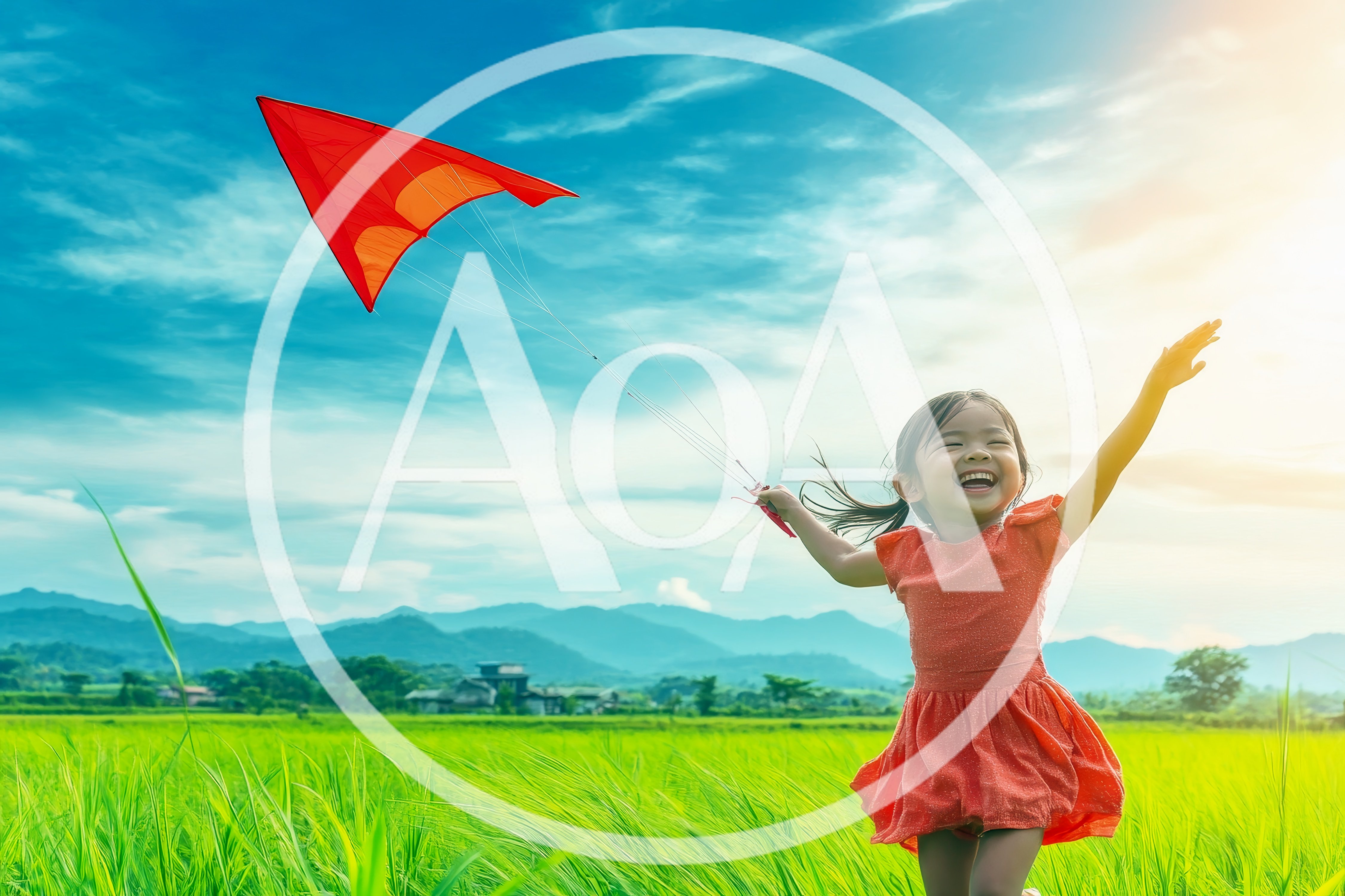 Happy Young Girl Flying Red Kite in Green Field