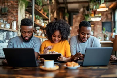 Three Young Professionals Working Together in a Cafe