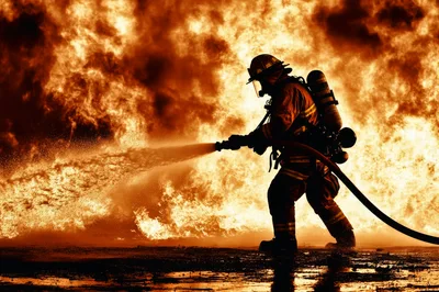 Firefighter Silhouetted Against Intense Raging Fire