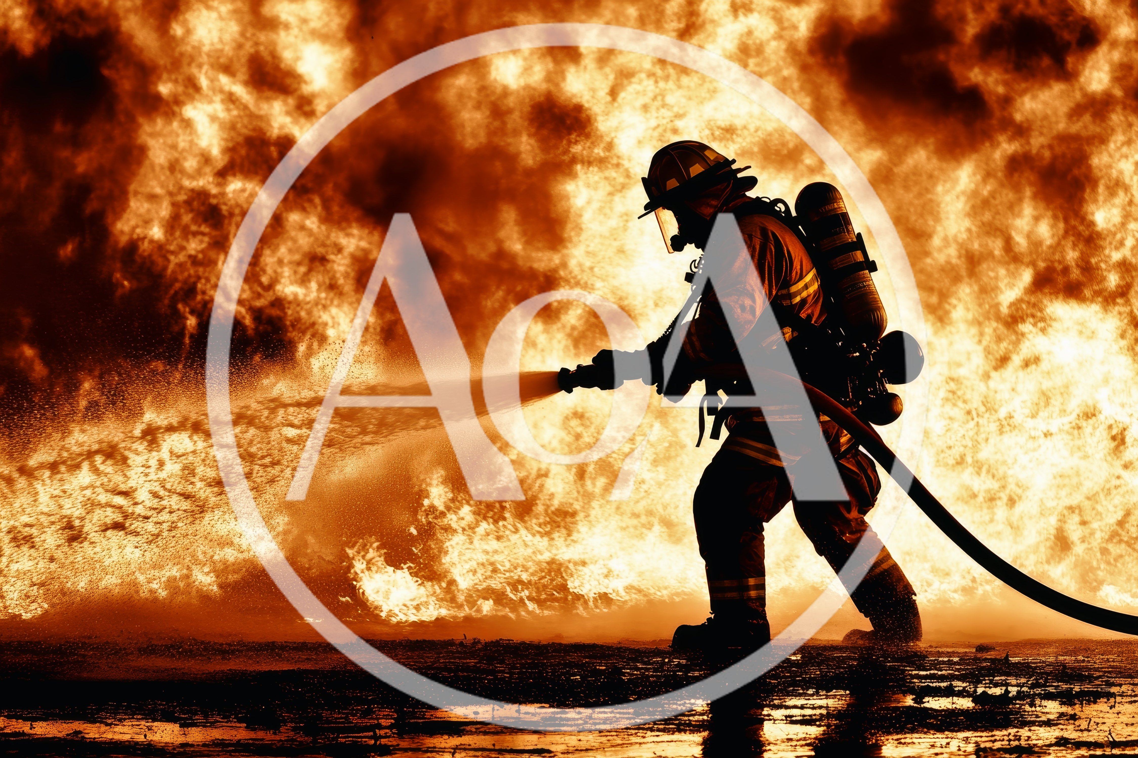 Firefighter Silhouetted Against Intense Raging Fire