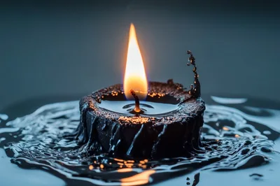 Black Candle Burning In Dark Liquid Surface