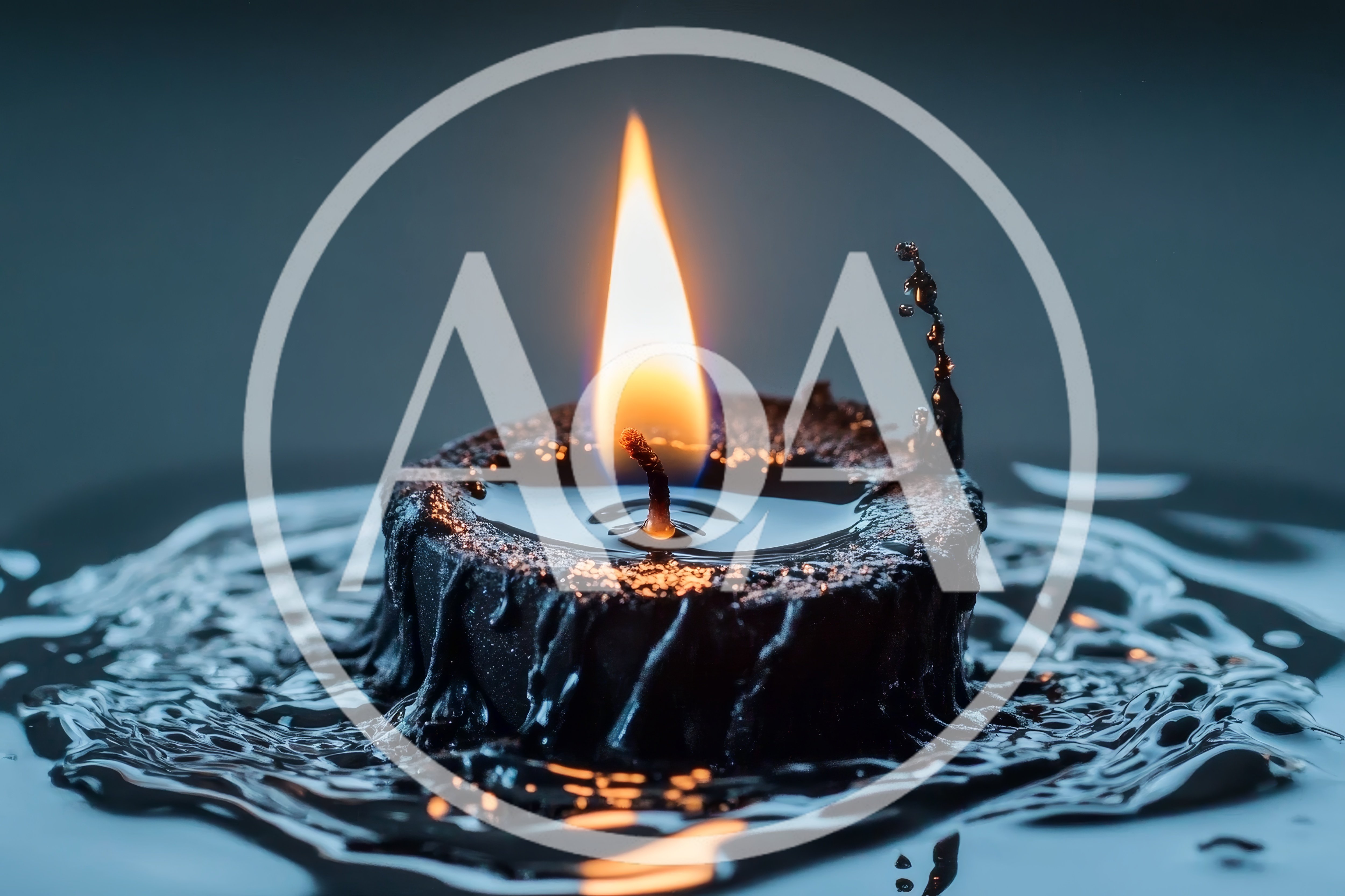 Black Candle Burning In Dark Liquid Surface
