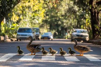 Mallard Duck Family Crossing A Suburban Street